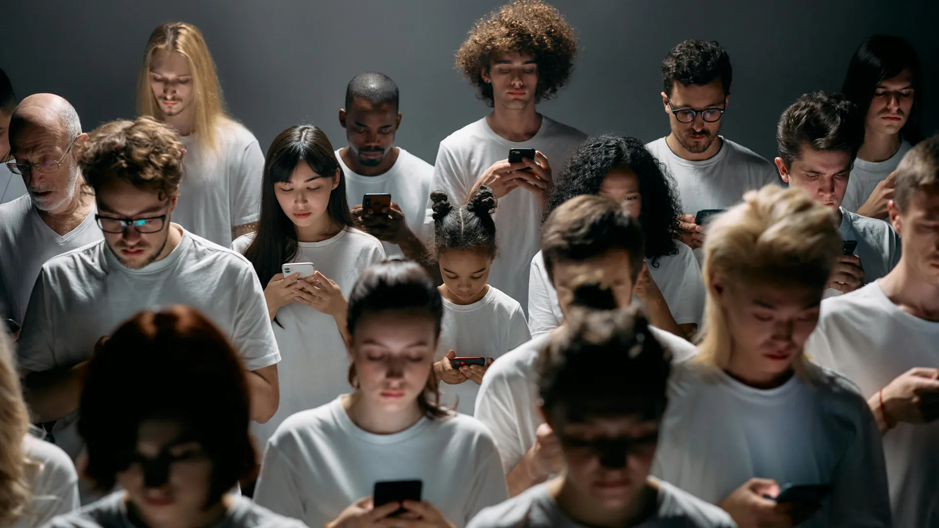A group of people who are all looking at their mobile phones, a modern addiction on society.